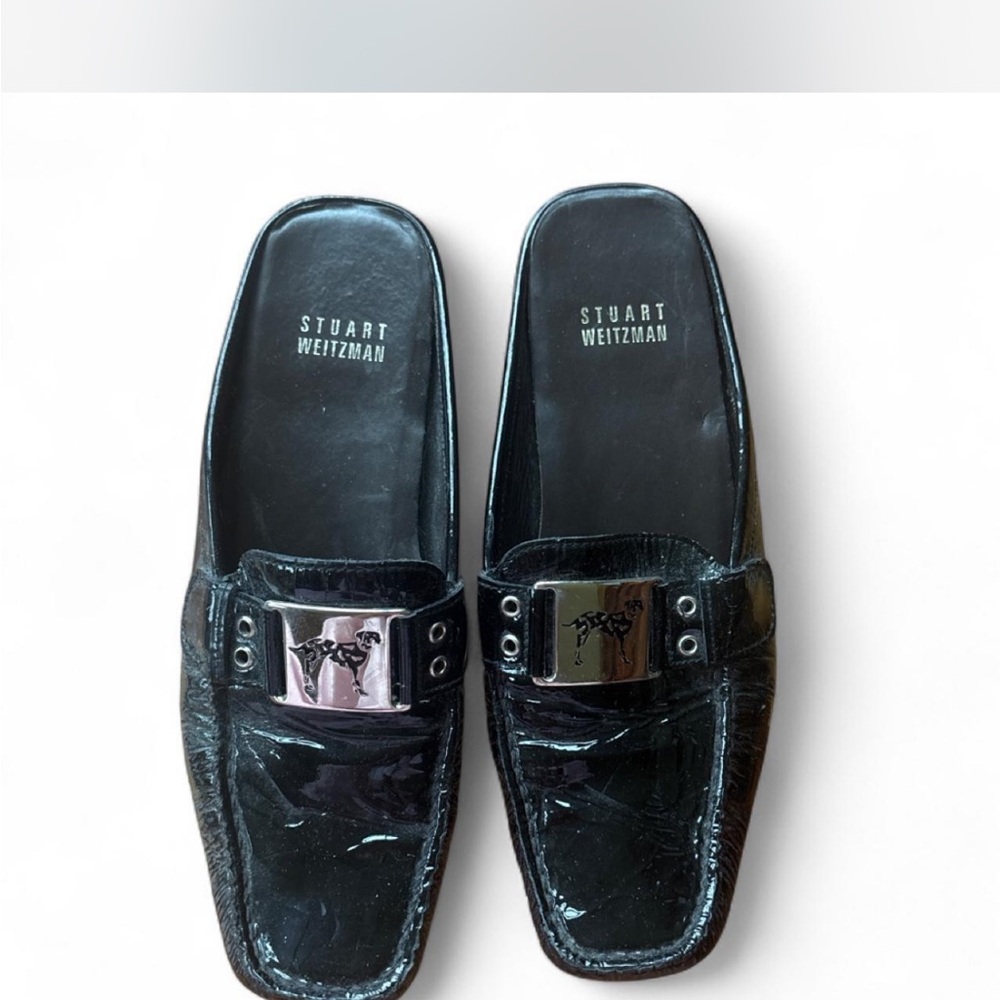 Stuart Weitzman Black Patent Leather Slip-On Loafers with Silver Buckle